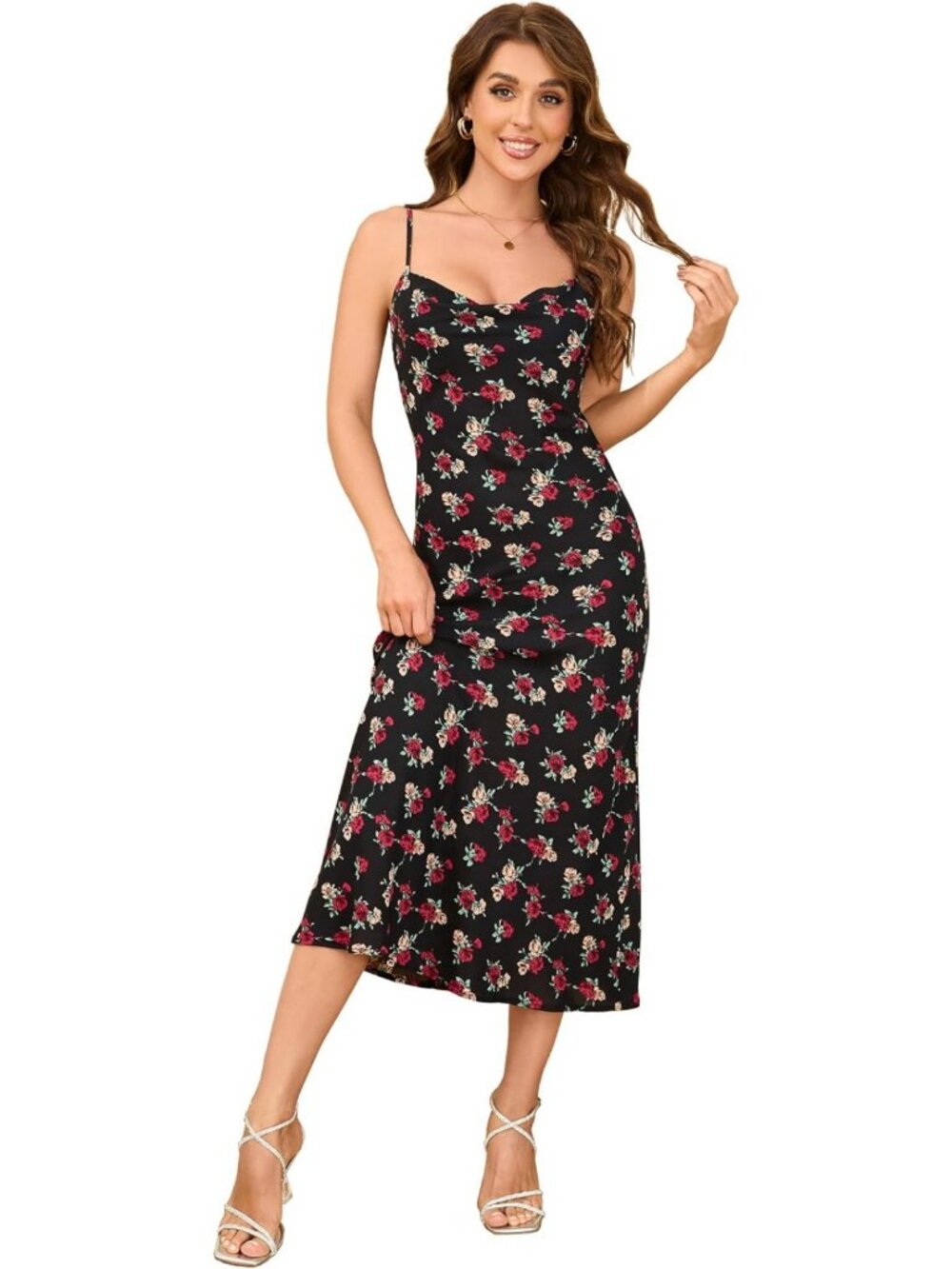 Elegant Satin Silk Spaghetti Strap Midi Dress - Cowl Neck Party Cocktail Gown